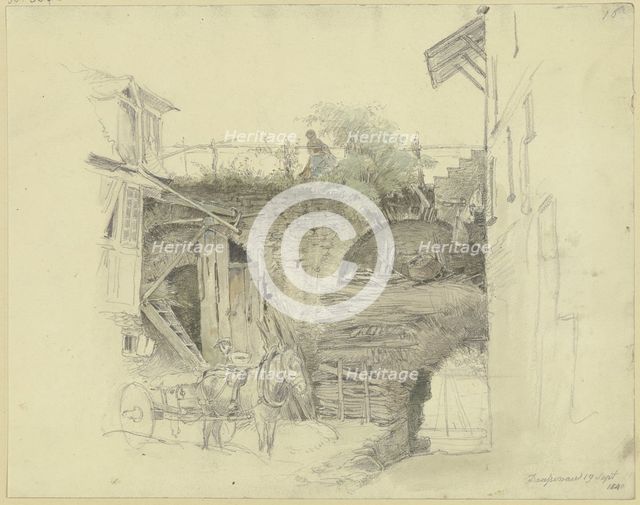 A cart stops at the city wall; above, a girl waters her flowers, 1840. Creator: Jakob Dielmann.