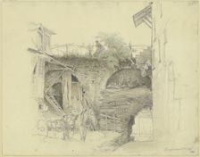 A cart stops at the city wall; above, a girl waters her flowers, 1840. Creator: Jakob Dielmann