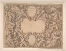 A Cartouche and Two Shields Surrounded by Allegorical Figures., 1570-1631. Creator: Attributed to Andrea Lilli (Lilio)