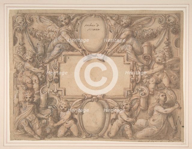 A Cartouche and Two Shields Surrounded by Allegorical Figures., 1570-1631. Creator: Attributed to Andrea Lilli (Lilio).