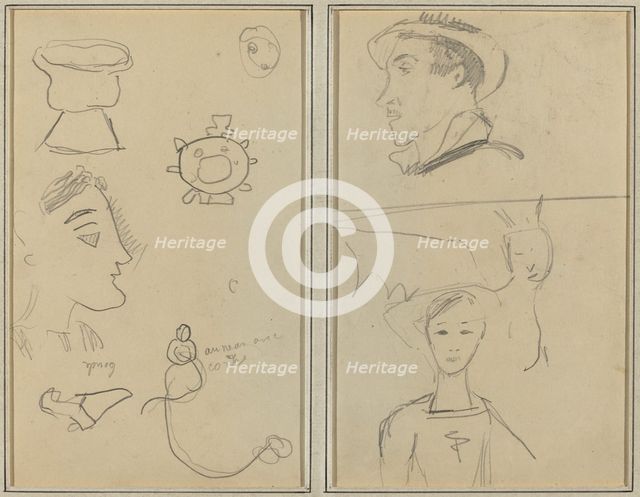 A Caricature and Five Forms; A Man in Profile, a Winged Creature and a Boy [verso], 1884-1888. Creator: Paul Gauguin.