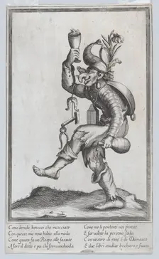 A caricature figure (a carpenter?) with a toad on his nose, carrying various implem..., ca. 1640-60. Creator: Anon
