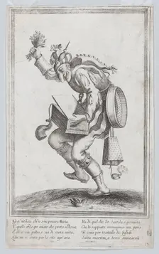 A caricature figure representing a poor itinerant artist loaded with various implem..., ca. 1640-60. Creator: Anon
