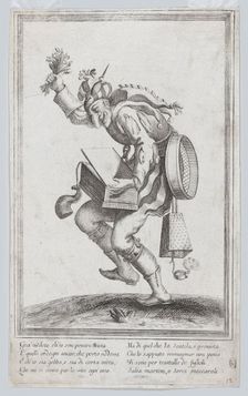 A caricature figure representing a poor itinerant artist loaded with various implem..., ca. 1640-60. Creator: Anon