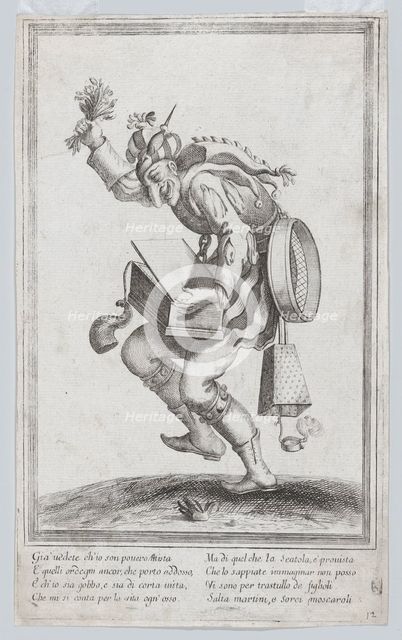 A caricature figure representing a poor itinerant artist loaded with various implem..., ca. 1640-60. Creator: Anon.