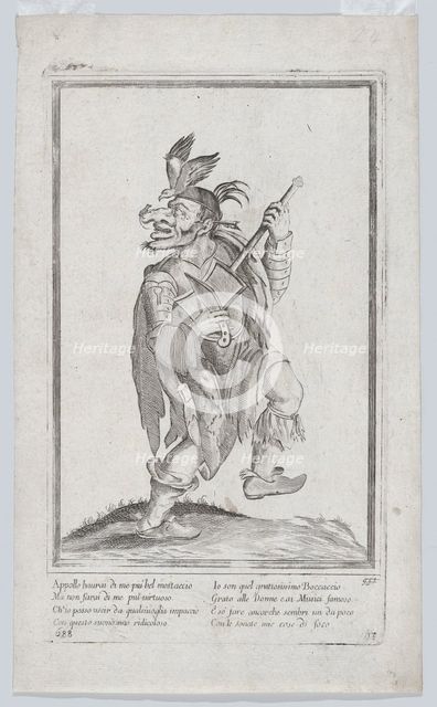 A caricature figure representing a street musician(?) with a mouse (lizard?) on his..., ca. 1640-60. Creator: Anon.