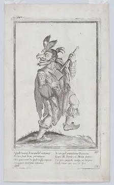 A caricature figure representing a street musician(?) with a mouse (lizard?) on his..., ca. 1640-60. Creator: Anon