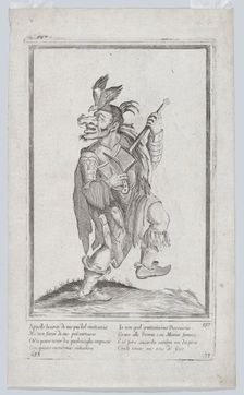A caricature figure representing a street musician(?) with a mouse (lizard?) on his..., ca. 1640-60. Creator: Anon