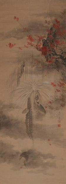 A carp climbing up a waterfall, 1870. Creator: Seitei (Shotei); Watanabe (1851-1918)