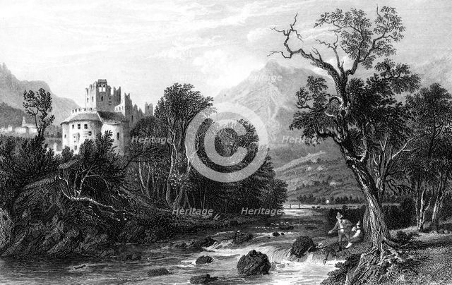 A castle by a river, 19th century.Artist: S Lacy