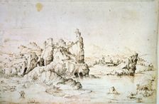 A Castle on a Rock in Mountainscape 1540. Artist: Gherardo Cibo