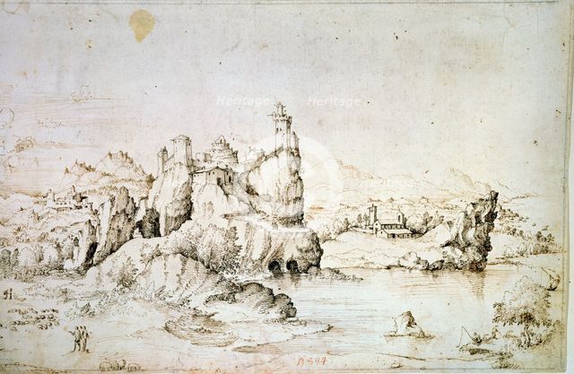 A Castle on a Rock in Mountainscape', 1540.  Artist: Gherardo Cibo