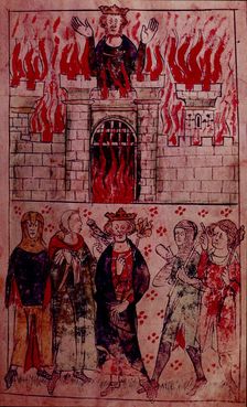 A castle on fire, c1307-c1327. Creator: Unknown