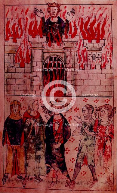 A castle on fire, c1307-c1327. Creator: Unknown.