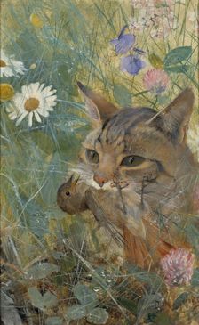 A Cat with a Young Bird in its Mouth. Five studies in one frame, 1885. Creator: Bruno Liljefors