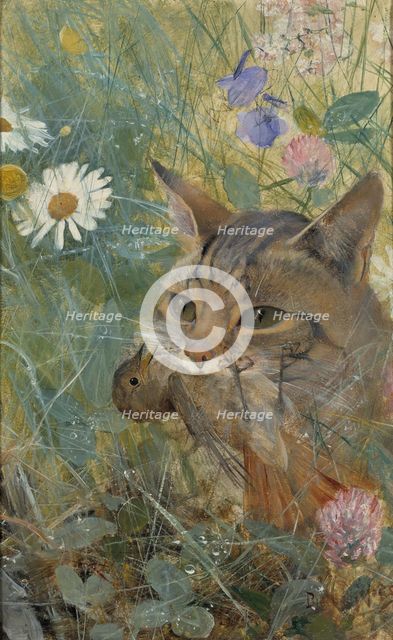 A Cat with a Young Bird in its Mouth. Five studies in one frame, 1885. Creator: Bruno Liljefors.