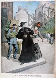 A Catholic priest is stabbed by a woman on the street, France, 1897. Artist: Henri Meyer