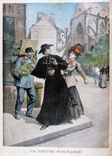 A Catholic priest is stabbed by a woman on the street, France, 1897. Artist: Henri Meyer