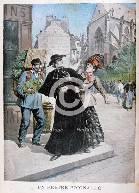 A Catholic priest is stabbed by a woman on the street, France, 1897. Artist: Henri Meyer