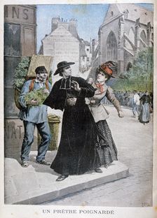 A Catholic priest is stabbed by a woman on the street, France, 1897. Artist: Henri Meyer