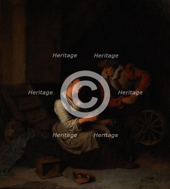 A Cavalier and a Woman at the Spinning Wheel, 1662. Creator: Bega, Cornelis Pietersz. (1631/2-1664).