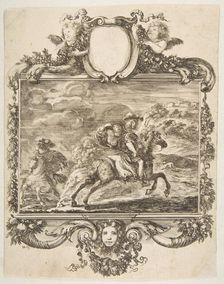 A cavalier and a lady on horseback, within an ornate border decorated with fruit and c..., ca. 1655. Creator: Stefano della Bella