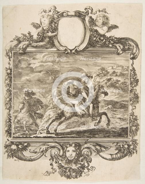 A cavalier and a lady on horseback, within an ornate border decorated with fruit and c..., ca. 1655. Creator: Stefano della Bella.
