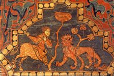 A centaur fighting with a dragon coffered ceiling, detail of a polychromed beam