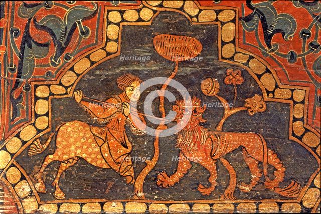  'A centaur fighting with a dragon', coffered ceiling, detail of a polychromed beam.