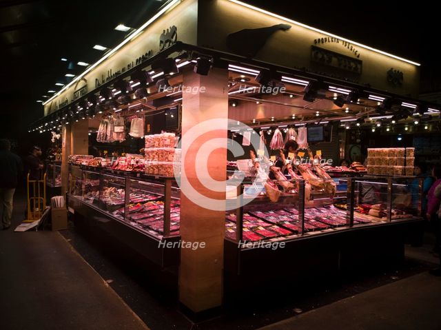 A charcuterie stall at La Bouqueria, Barcelona, Spain, 2020. Creator: Ethel Davies.