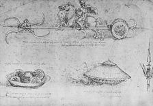 A Chariot Armed with Scythes, Two Drawings of a Sort of Tank and a Partisan c1480 (1945). Artist: Leonardo da Vinci