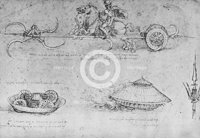 'A Chariot Armed with Scythes, Two Drawings of a Sort of Tank and a Partisan', c1480 (1945). Artist: Leonardo da Vinci.