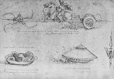 A Chariot Armed with Scythes, Two Drawings of a Sort of Tank and a Partisan c1480 (1945). Artist: Leonardo da Vinci