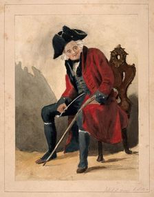 A Chelsea Pensioner, seated, wearing a red coat and tricorn hat, holding a pipe and a stick, 1750. Creator: Unknown