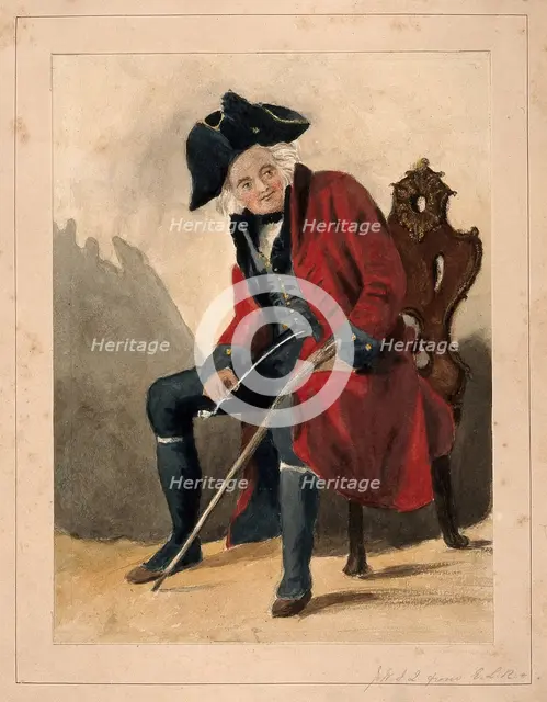 A Chelsea Pensioner, seated, wearing a red coat and tricorn hat, holding a pipe and a stick, 1750. Creator: Unknown.