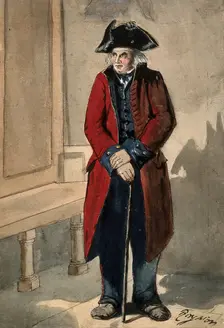 A Chelsea Pensioner standing in the hall at the Royal Hospital, leaning on his stick, c1680s.. Creator: Sir Christopher Wren