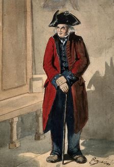 A Chelsea Pensioner standing in the hall at the Royal Hospital, leaning on his stick, c1680s.. Creator: Sir Christopher Wren