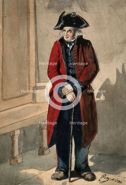 A Chelsea Pensioner standing in the hall at the Royal Hospital, leaning on his stick, c1680s.. Creator: Sir Christopher Wren.
