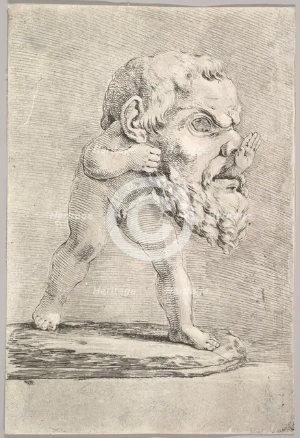 A child wearing a large mask and inserting his hand through the mouth, ca. 1660. Creator: Stefano della Bella.