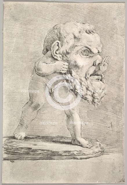 A child wearing a large mask and inserting his hand through the mouth, ca. 1660. Creator: Stefano della Bella.