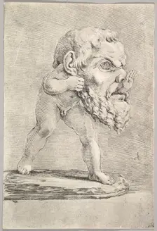 A child wearing a large mask and inserting his hand through the mouth, ca. 1660. Creator: Stefano della Bella