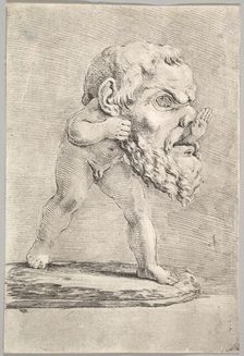 A child wearing a large mask and inserting his hand through the mouth, ca. 1660. Creator: Stefano della Bella