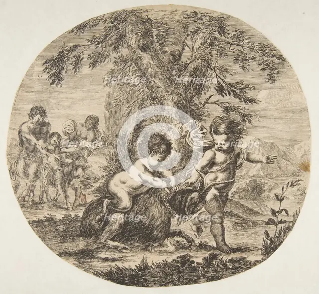 A child and a satyr child playing with a goat, ca. 1657. Creator: Stefano della Bella.
