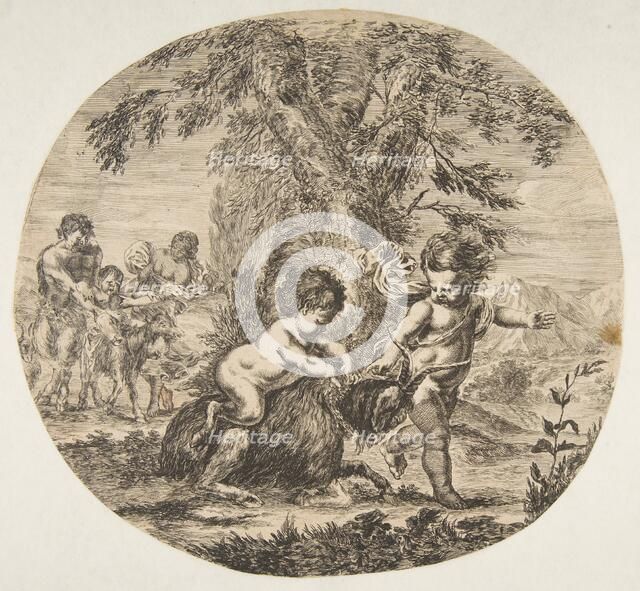 A child and a satyr child playing with a goat, ca. 1657. Creator: Stefano della Bella.