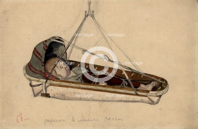 A child in a birch bark cradle, Selkups, 1920. Creator: A. G. Vargin.