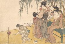 A Child Lighting Fireworks, from the illustrated book Flowers of the Four Seasons, 1801. Creator: Kitagawa Utamaro