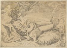 A child sleeping on a cushion, holding a piece of fruit (?), a curtain behind him,..., 17th century. Creator: Anon