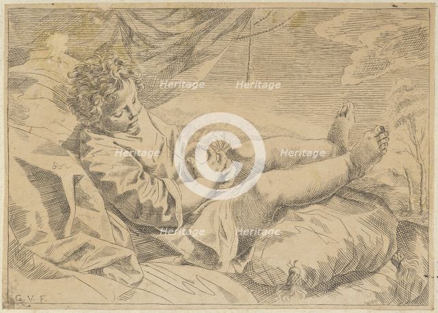 A child sleeping on a cushion, holding a piece of fruit (?), a curtain behind him,..., 17th century. Creator: Anon.