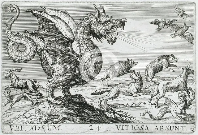 A Chimerical Animal Chasing Other Animals, 1610. Creator: Hendrick Hondius I.