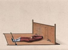 A Chinese man confined to a contraption similar to stocks which constrains the movement... Creator: Unknown